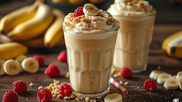 Foto cremiger frischer bananenmilchshake-glas mit topping