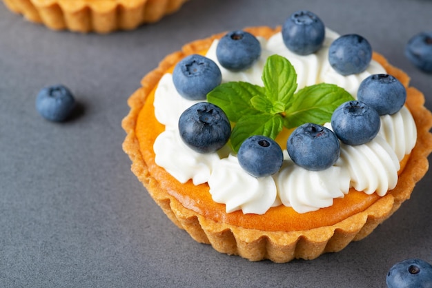 Cremiger Käsekuchenkuchen mit Blaubeere auf einem grauen Tisch