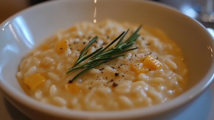 Foto cremiger kürbis-risotto mit rosmarin-garnison