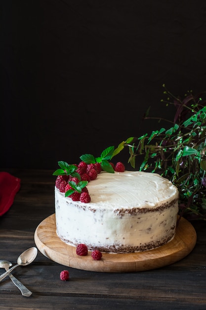 cremiger Obstkuchen. Himbeerkuchen mit Schokolade. Schokoladenkuchen. Minze-Dekor Käsekuchen.