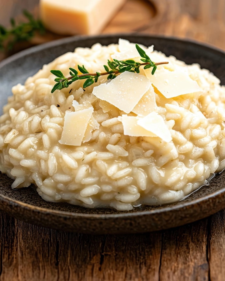 Foto cremiges risotto mit parmesan-schippen und frischem thymian