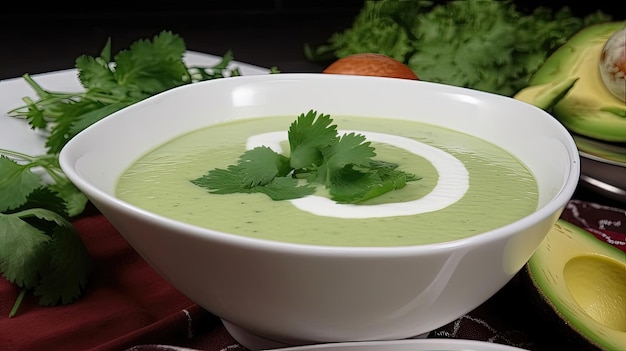 Esta cremosa sopa fría de aguacate con cilantro es una manera perfecta de comenzar cualquier comida con su sabor refrescante e ingredientes saludables Generado por IA