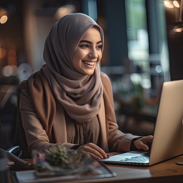 Crente no lenço na cabeça felizmente usando laptop no escritório