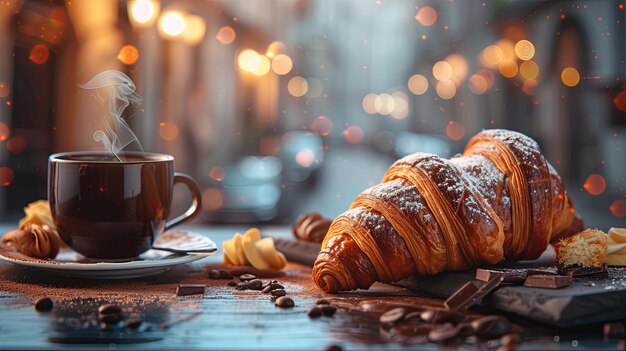 Crepe de pão croissant com manteiga de creme de chocolate Desenho de fundo de bandeira