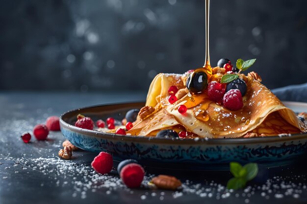 Foto crepe con frutas rojas nueces y miel