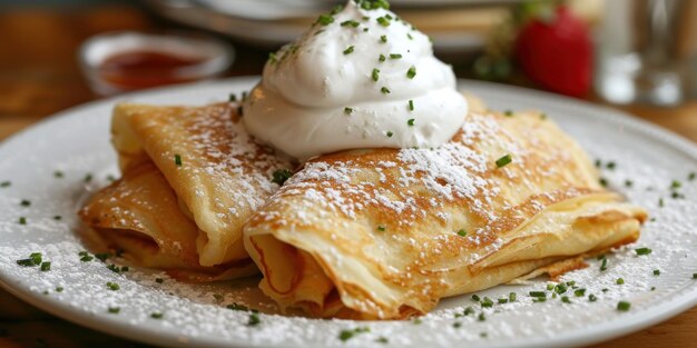 Crepes con azúcar en polvo en un plato blanco.