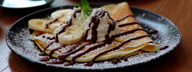 Foto crepes com bananas e chocolate foco seletivo