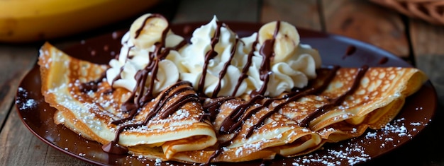 Foto crepes com bananas e chocolate foco seletivo