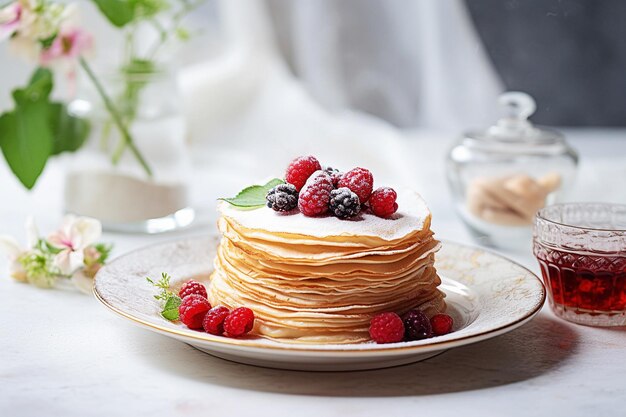 Crepes generativas panquecas finas com geleia e bagas frescas