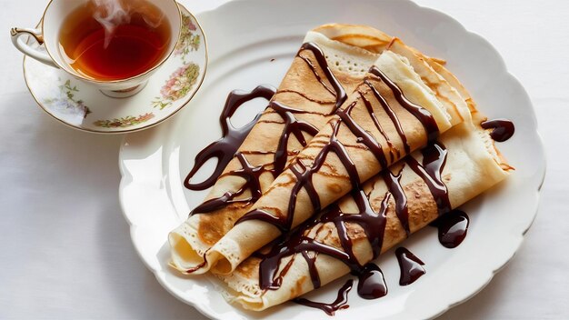 Foto crepes num prato branco com xarope de chocolate e chá