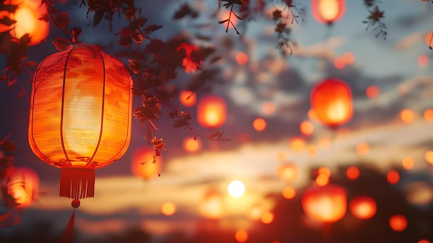 El crepúsculo brilla cuando las linternas de papel flotan en el sereno cielo nocturno celebración cultural ambiente pacífico del anochecer luces de festival al aire libre efecto bokeh de ensueño crea una sensación mágica IA