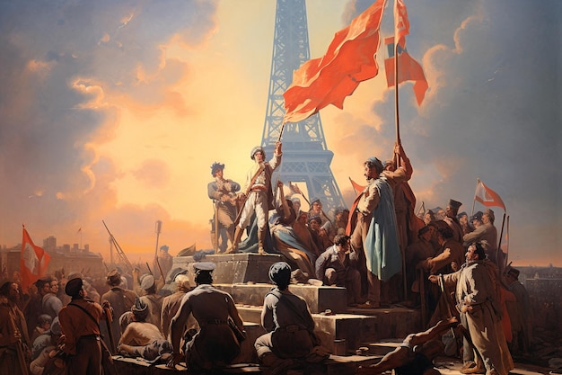 Crepúsculo da bandeira das sombras da revolução e pano de fundo parisiense