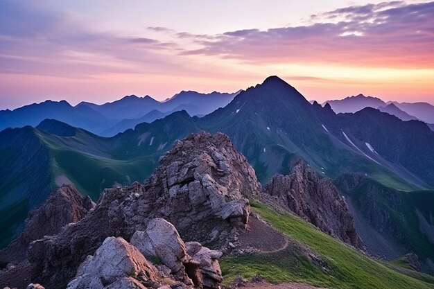 Foto el crepúsculo desciende sobre los picos de las montañas