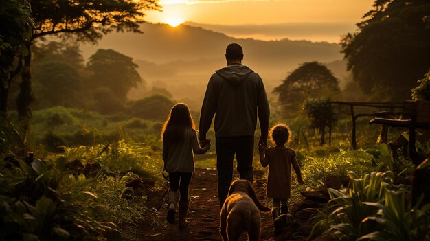 El crepúsculo de una familia camina a través de su serena