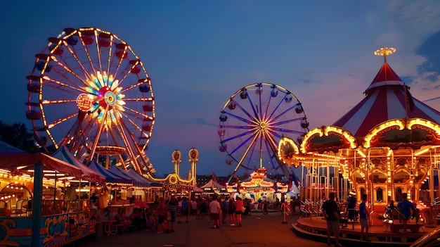 Crepúsculo en el festivo recinto ferial con coloridas atracciones iluminadas noche tranquila en el carnaval perfecto para el entretenimiento familiar atmósfera alegre con luces de la rueda gigante IA
