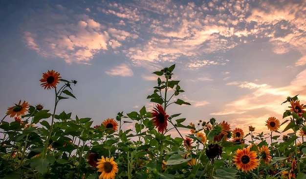 El crepúsculo con los girasoles