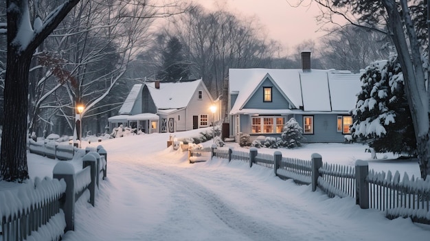 Crepúsculo de invierno en el pueblo rural