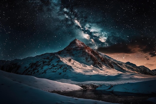 Con el crepúsculo una montaña cubierta de nieve