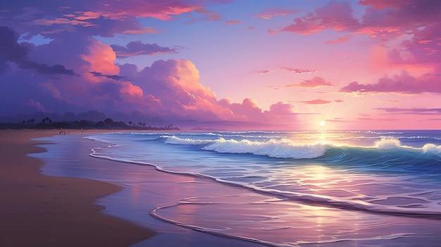 Crepúsculo numa praia isolada o céu em tons de roxo