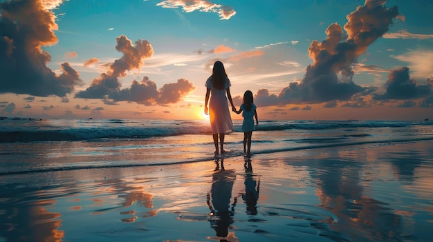 Crepúsculo en la playa con dos figuras en silueta y un vibrante reflejo del cielo