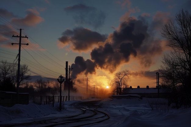 Crepúsculo sobre el paisaje industrial nevado con humo