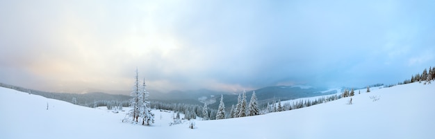 Crepúsculo vespertino invierno tranquilo panorama de montaña con cobertizos grupo y monte ridge