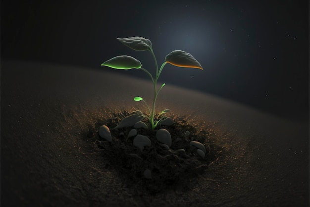 Crescendo Sprout no solo com luz do sol no fundo