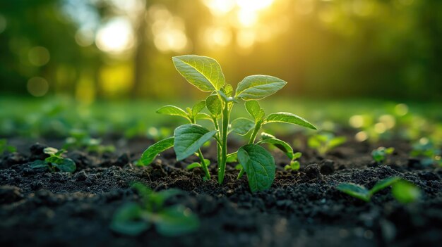 Crescendo uma plantação de mudas à luz dourada do sol em meio a uma vegetação exuberante