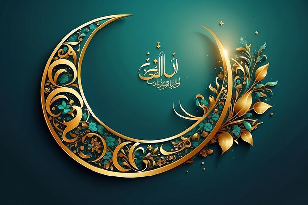 Crescente brilhante decorado com flores Lua com texto de caligrafia islâmica árabe Eid Mubarak em g
