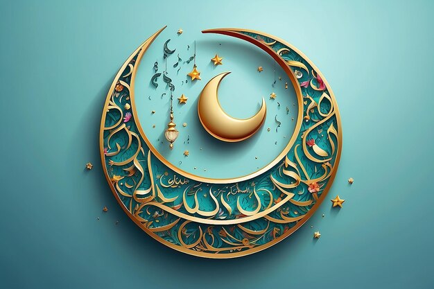 Crescente brilhante decorado com flores Lua com texto de caligrafia islâmica árabe Eid Mubarak em g
