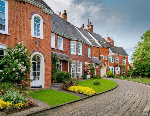 Foto crescente britânico clássico com casas de tijolos vermelhos vitorianas restauradas em uma estrada local com pequeno jardim ...