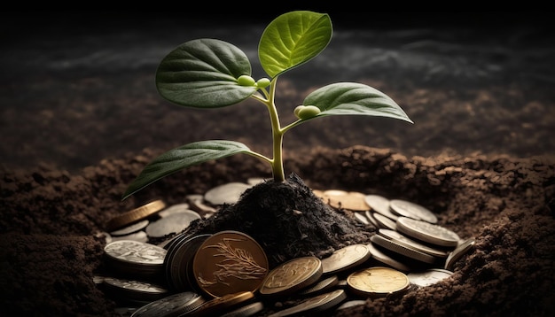 Crescente planta de dinheiro em moedas Finanças e conceito de investimento Generative ai