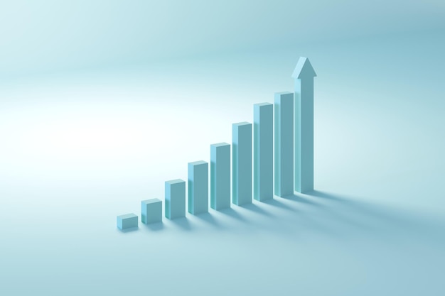 Foto crescimento da barra do gráfico de ações no conceito de ideia de sucesso sobre fundo azul. conceito de ideia de negócio mínimo 3d.