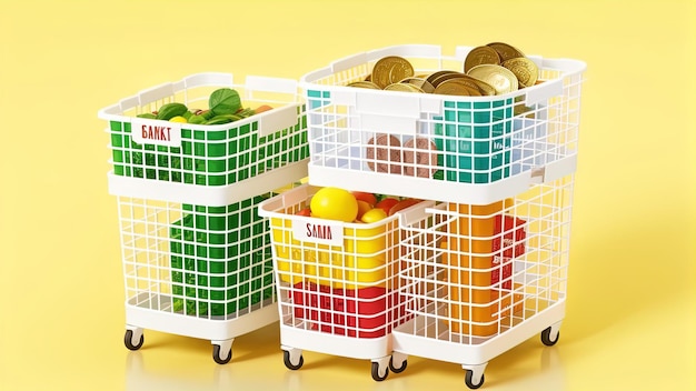 Crescimento das vendas de alimentos ou crescimento da cesta de mercado ou conceito de índice de preços ao consumidor Cesta de compras com alimentos com pilhas de moedas em fundo amarelo