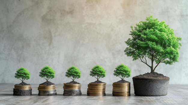 Foto crescimento de árvores de bonsai de investimento em pilhas de moedas ascendentes que simbolizam o crescimento financeiro