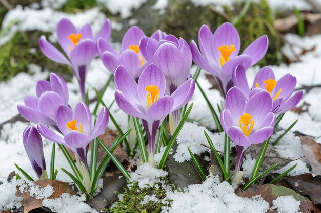 Foto crescimento de flores de primavera de crocus na neve belo panorama floral largo roxo crocus iridaceae