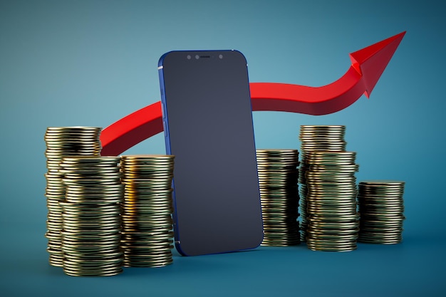Crescimento de ganhos nas pilhas de smartphones da Internet de moedas de dólar e uma renderização 3D de seta vermelha para cima
