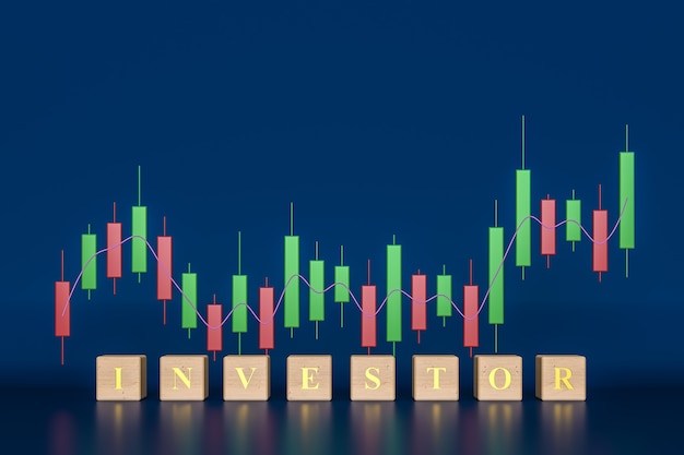 Crescimento de negócios e investimentos com gráfico de velas na renderização 3d de fundo