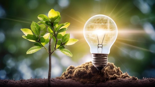 Crescimento de plantas de investimento em energia verde em dinheiro e árvore Ilustração do ambiente de lâmpada e conceito de natureza com geração de energia e crescimento sustentável Ai generative