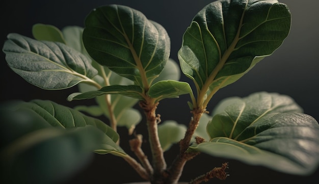 Crescimento de plantas verdes frescas contra fundos escuros gerados por IA