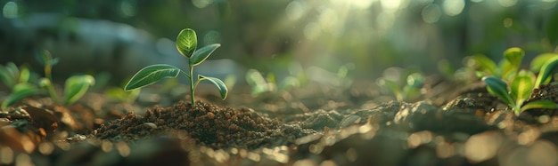 Crescimento verde Plantas jovens que prosperam na floresta iluminada pelo solxAxA