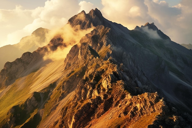 La cresta de la montaña bañada en luz dorada