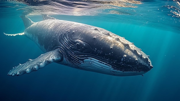 Una cría de ballena jorobada juega cerca de la superficie en agua azul