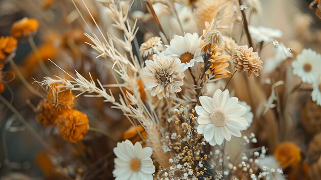 Criações de flores secas Fotografias cinematográficas de arranjos de flores e buquês secos com flores preservadas, gramíneas e ilustrações geradas por IA