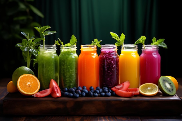 Criações de sucos coloridos suco de frutas caseiro