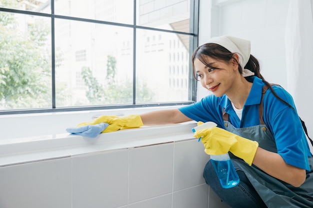 Una criada con guantes de protección limpia las baldosas de cerámica en un baño con un paño de microfibras Su limpieza rutinaria destaca la esencia de la pureza y la higiene en la limpieza comercial