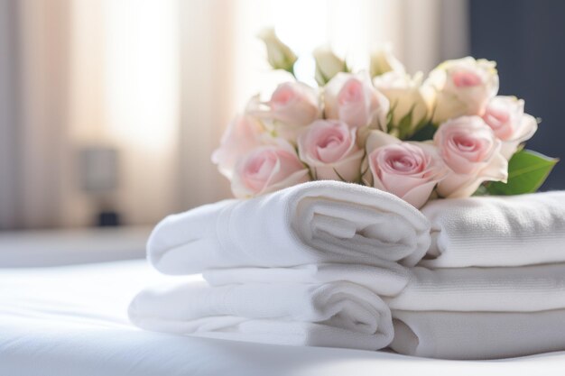 Una criada de un hotel apiló toallas en la cama y colocó flores en las toallas en una habitación de hotel