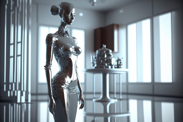 Criada robot humanoide sirviendo en la cocina asistente robótico ama de llaves androide ayudando en las tareas domésticas Limpiador de robots futuro y concepto tecnológico Imagen generada por IA