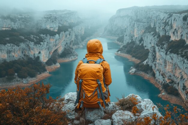 Criador de conteúdo de viagem Conceito Viajante Menina com uma mochila nas costas Olha para o mar ou o oceano em close-up extremo IA generativa