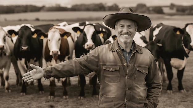 Foto un criador sonriente frente a sus vacas